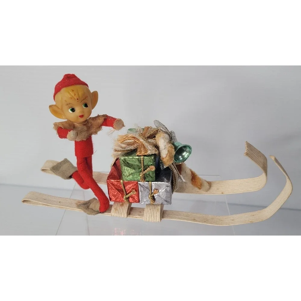 Vintage Pixie Elf Doll on Sleigh Christmas Decoration 8
